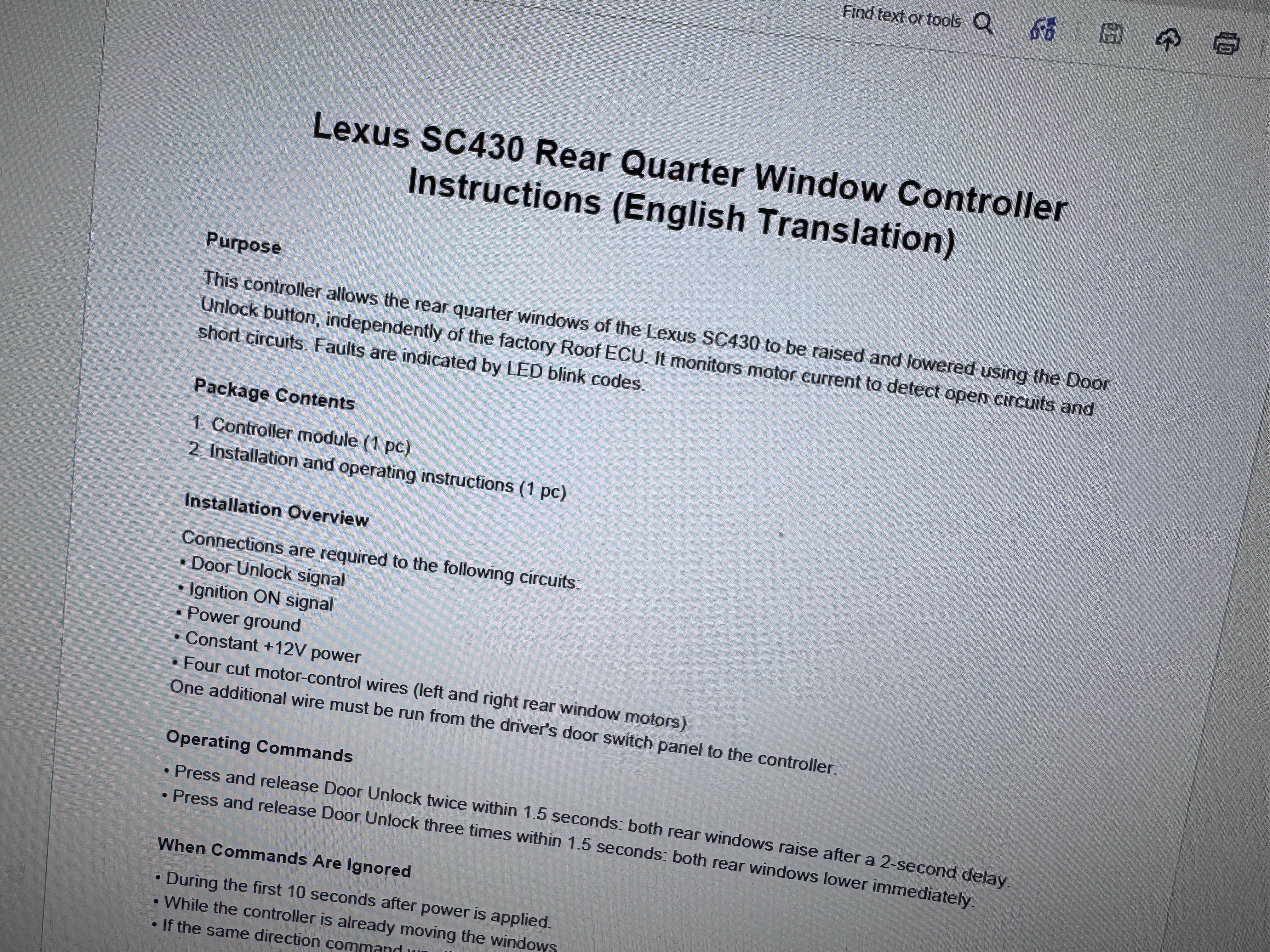 Lexus SC430 Rear Quarter Window Controller